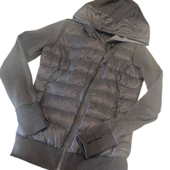 Athleta Gray Down to Town Asymmetrical Zip Goose Down Hooded Jacket Size Small - Picture 1 of 12